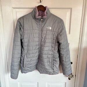 The North Face Light Gray Reversible Winter Jacket with Lilac Fleece Interior